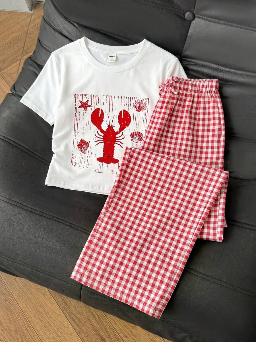 少女休闲圆领上衣和条纹裤套装 - 白色 - 查看 1