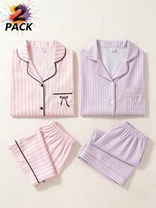 Bộ đồ ngủ cho bé gái, gồm áo cardigan tay ngắn và quần short, kiểu dáng ngọt ngào, dễ thương, thanh lịch, thoải mái, mềm mại, thoáng khí, họa tiết hoạt hình sọc trái tim thêu, chất liệu vải dệt kim, 2 món. - Nhiều màu - Xem 1