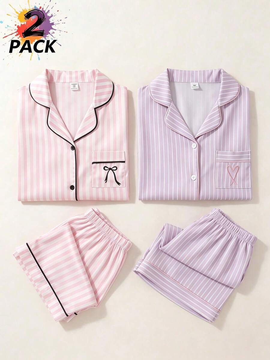 Bộ đồ ngủ cho bé gái, gồm áo cardigan tay ngắn và quần short, kiểu dáng ngọt ngào, dễ thương, thanh lịch, thoải mái, mềm mại, thoáng khí, họa tiết hoạt hình sọc trái tim thêu, chất liệu vải dệt kim, 2 món. - Nhiều màu - Xem 1