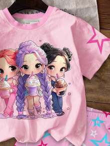 两件套，少女休闲卡通人物渐变印花套装，K-Pop 超级巨星，卡通女团图案，圆领短袖T恤和短裤，适合夏季穿着 - 彩色 - 查看 6