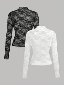Girlism Kids 2pcs Teen Girls Black Lace Mesh Overlay Elegant Fitted T-Shirt Set,Autumn Vintage Crochet Coverup Rave Party Summer Outfit Praia Vestir Kids - Black and White - View 2