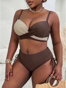 Slaydiva Plus Size Women 2pcs/Set Random Print Underwire Bikini Swimwear, Casual Holiday Outfit - Coffee Brown - View 5