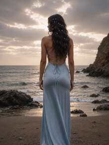 OverBlushhh Women's Blue Satin Maxi Dress Backless Lace Up High Slit - Baby Blue - View 2