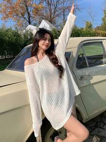 DAZY 女款純色落肩長袖寬鬆罩衫，海灘度假夏季穿搭 - 白色 - 查看 6
