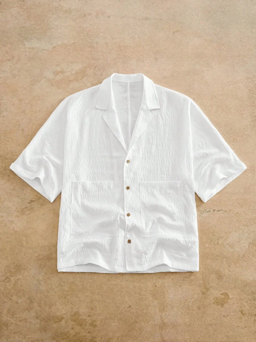 HIMLAND 男士短袖襯衫,皺褶紋理上衣,白色露營領襯衫,夏季休閒男裝,海灘度假穿搭,寬鬆版型雙口袋襯衫 - 白色 - 查看 1