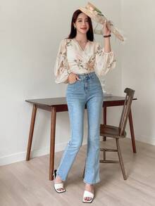 DAZY Floral Print Tie Back Lantern Sleeve Blouse,Long Sleeve Tops,Ruffle,Fall Women Clothes Vacation Outfits Women Easter Boho - Beige - View 6