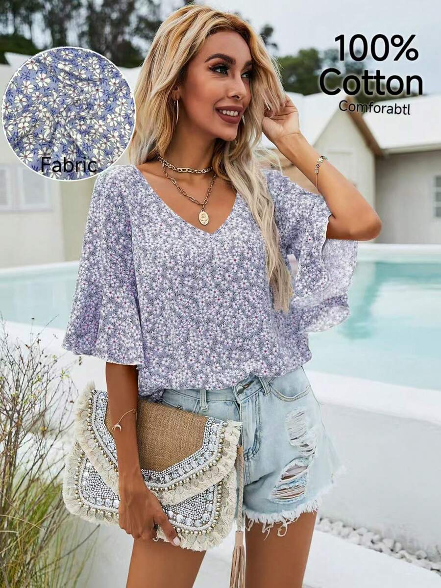 SHEIN Holidaya Áo sơ mi nữ mùa hè kiểu dáng thường ngày, chất liệu cotton nguyên chất, in họa tiết hoa cúc, tay loe. - Màu tím - Xem 1