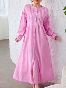 Al Najma Vestido de algodón con mangas largas, pliegues delanteros y botones de color rosa - Rosa - Ver 7