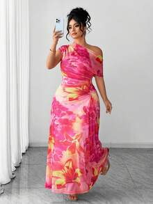 Elenzga Plus Size Women's Vibrant Multi-Color Floral Print Elegant Off-Shoulder Maxi Dress - Pink - View 6