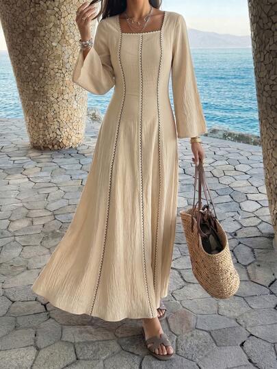 Yasmyna Women's Spring/Summer Khaki Woven Long Sleeve Cinched Waist Contrast Black Ribbon A-Line Elegant Romantic Arabic Dress Beige Lace-Trimmed Square Neck Maxi Dress Effortless Boho Resort Chic Summer Beach & Resort Vacations Women Aged 20-40 Summer Holiday Outfits Elegant Dresses For Women Festival Outfits