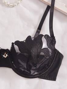 Seduluxe 女士花卉刺绣休闲日常文胸 - 黑色 - 查看 3