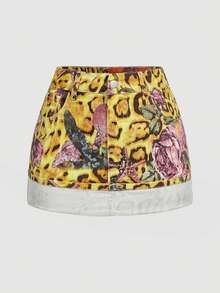 SHEIN MOD 女士碎花图案口袋卷边休闲牛仔裙 - 彩色 - 查看 1
