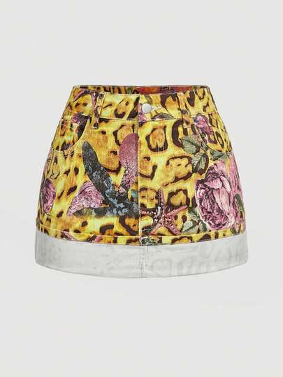 SHEIN MOD 女士碎花图案口袋卷边休闲牛仔裙