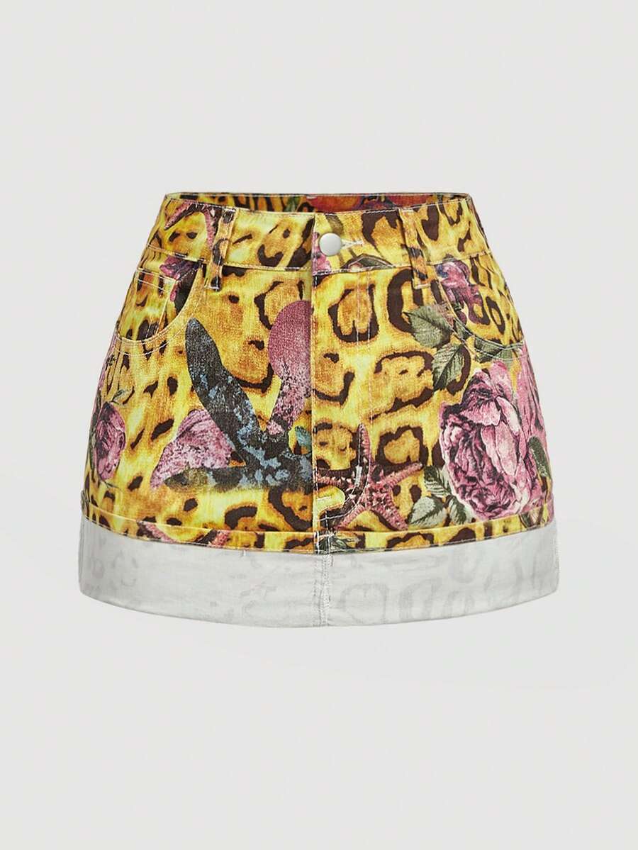 SHEIN MOD 女士碎花图案口袋卷边休闲牛仔裙 - 彩色 - 查看 1