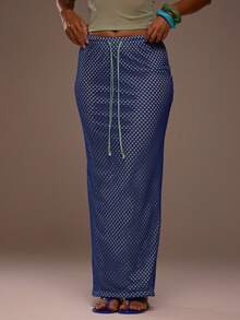 MUSERA Double Layered Mesh Drawstring Beaded Tie Waist Low Rise Bodycon Fitted Maxi Skirt  Summer Spring Sexy Cute Beach Holiday Vacation Ibiza Party Going Out Tropic Heat - Blue - View 2