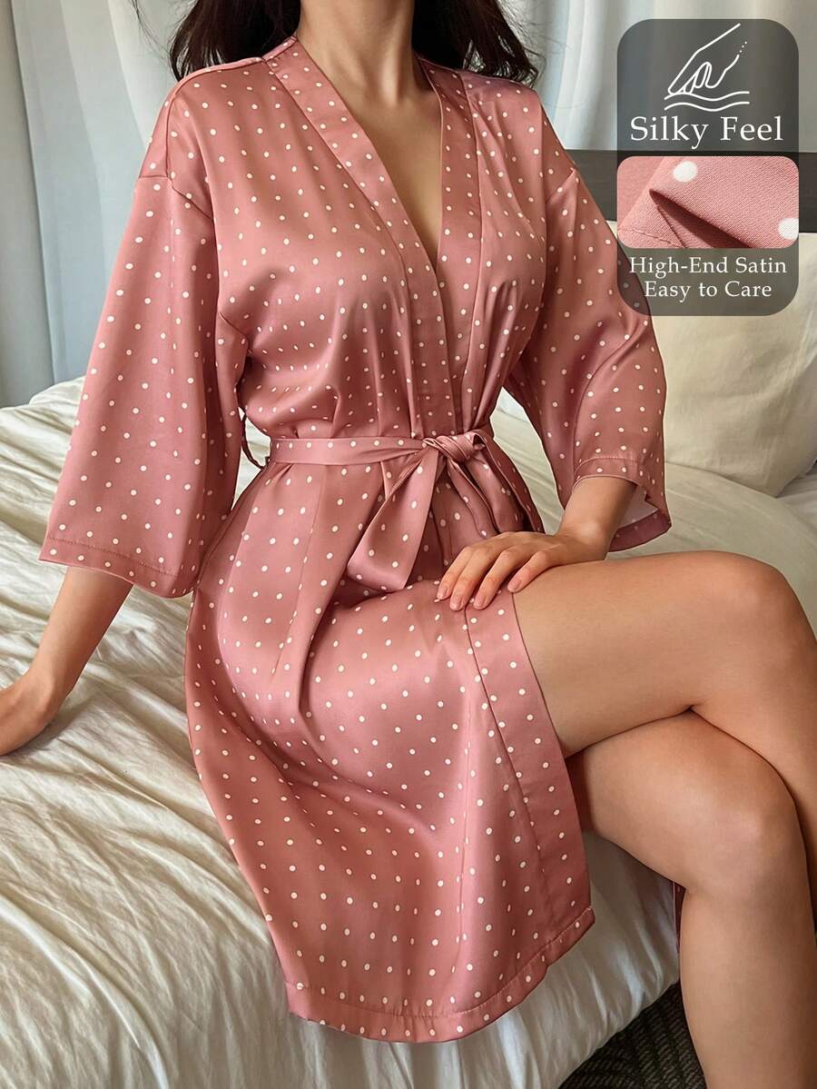 DAZY 女士波点印花系带睡袍 - 粉色 - 查看 1