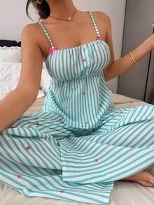 Napfluff 甜美条纹爱心印花蝴蝶结纽扣装饰吊带背心和直筒裤女士睡衣套装 - 綠色 - 查看 4