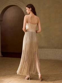 MOTF PREMIUM SPRING/SUMMER FRENCH RETRO ELEGANT DATE NIGHT LACE PATCHWORK DOUBLE-LAYER TASSEL CINCHED WAIST APRICOT LONG DRESS - Apricot - View 3