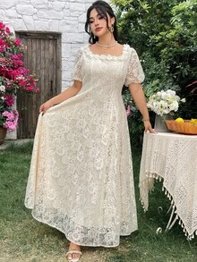 Modelyn 杏色蕾丝花边短袖连衣裙，浪漫优雅女士性感都市时尚风格，大码 - 杏色 - 查看 8