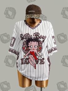 Betty Boop x SHEIN 大码女式条纹、字母、豹纹V领T恤 - 白色 - 查看 1