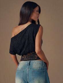 SHEIN BAE Áo kiểu trễ vai ren đen thời trang dành cho nữ, mùa xuân/hè. - màu đen - Xem 2