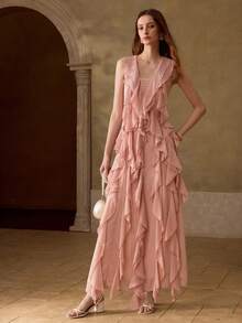 MOTF PREMIUM VESTIDO ELEGANTE DE MUJER CON VOLANTES LARGOS EN EL BAJO, PRIMAVERA/VERANO - Rosa - Ver 5