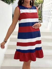 SHEIN Maternity Summer Casual Vacation Daily Commute Contrast Color Striped Print Sleeveless Ruffle Hem Dress - Red and White - View 4