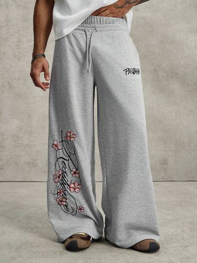 PAVTROS Men's Floral Embroidery Drawstring Waist Loose Casual Sweatpants Wide Leg