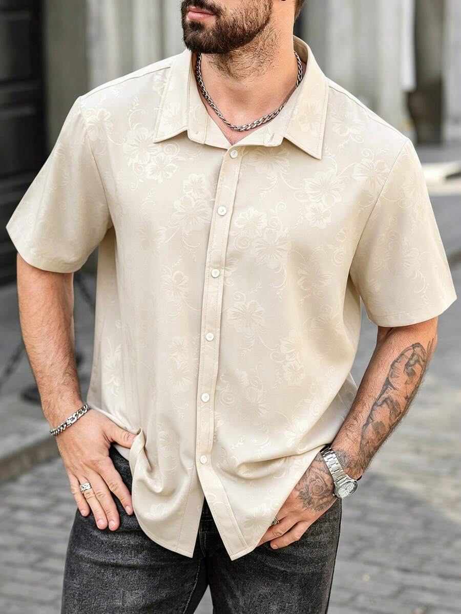 EGENSIO Men Plus Size Single-Breasted Casual Floral Short Sleeve Formal Shirt, Ceremony - Apricot - View 1