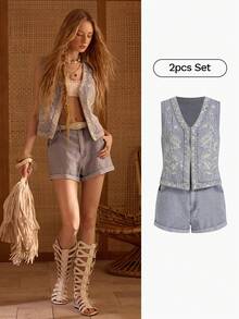 MOTF STUDIO Bộ đồ denim nữ thêu gồm áo gile và quần short, thích hợp cho kỳ nghỉ, mùa xuân/hè. - Màu xanh lam - Xem 2
