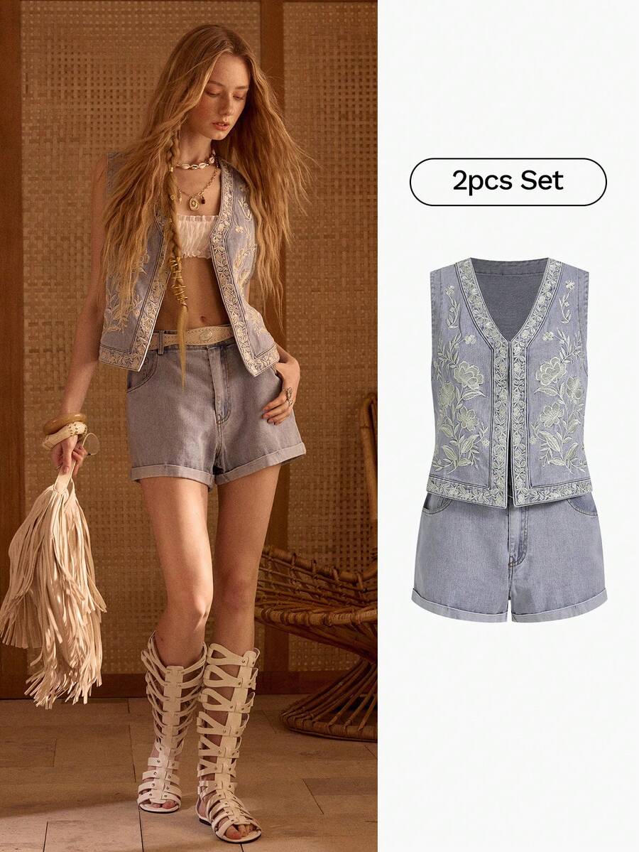 MOTF STUDIO Bộ đồ denim nữ thêu gồm áo gile và quần short, thích hợp cho kỳ nghỉ, mùa xuân/hè. - Màu xanh lam - Xem 2