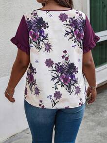 EMERY ROSE Plus Size Women's Spring/Summer Floral Print Contrast Trim Flare Sleeve Casual Vacation Shirt - Multicolor - View 2