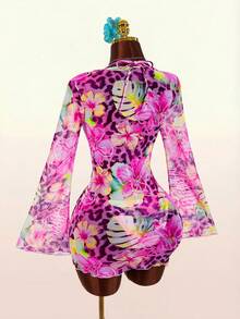 Amplova 3pcs Women's Floral Cover-Up Swimwear Set, Sexy Backless Deep Draped Neck Design, Suitable For Holiday Wear - Multicolor - View 9