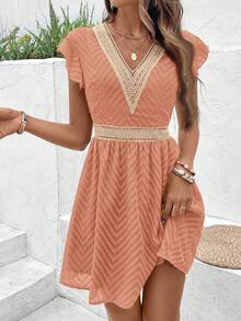SHEIN Frenchy Đầm nghỉ mát tay bồng phối ren tương phản dành cho nữ - Màu Cam cháy - Xem 3
