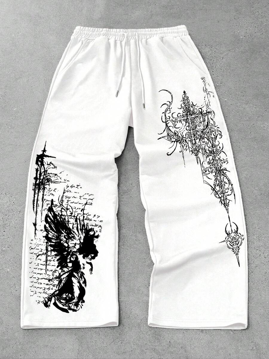 ROMWE MEN Goth Men's Loose Comfortable Casual Sports Straight Leg Sweatpants, Black - White - View 1