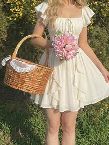 SHEIN MOD Đầm maxi tay phồng xếp ly màu mơ dành cho nữ - Màu be - Xem 4