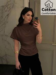 Firerie Wrinkled Collar Asymmetrical Sleeve Side Ruched Cinched Waist Commuter Apricot Bamboo Fiber Linen Blouse For Women, All Season,Summer Top - Brown - View 3