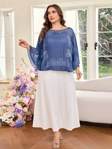 Modelyn Bộ đồ 2 mảnh dành cho nữ cỡ lớn, gồm áo lưới in hoa xanh trắng và váy slip, kiểu dáng thanh lịch, lãng mạn và thời trang, phong cách quý phái. Bộ gồm áo và váy slip và váy slip, thích hợp cho phái nữ. - Xanh và trắng - Xem 5