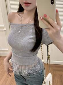 DAZY 女士网眼拼接斜肩修身休闲日常T恤 - 灰色 - 查看 7