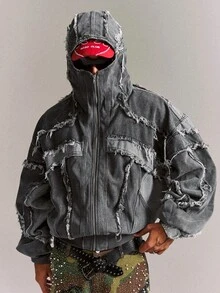 CRAVYNX 男士休闲拼接破洞连帽拉链牛仔夹克，街头风破洞宽松夹克，送给男友/老公的完美节日礼物，Y2K赛博朋克超大街头风，秋季 - 深灰色 - 查看 4