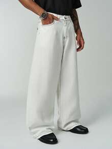 ÉpureWay Quần jeans ống rộng dáng suông, in hình nốt nhạc cổ điển và chữ "Bad" theo phong cách graffiti, kiểu dáng đường phố thường ngày. - trắng - Xem 4