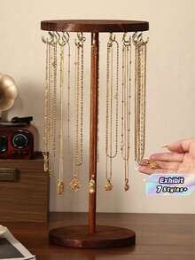 A Round, Simple Wooden Imitation Walnut Color Decorative Storage And Display Stand For Jewelry, Including Necklaces, Pendants, Bracelets And Hand Chains. It Is A Display Item For Jewelry Storage And Display In A Showcase, Suitable As A Valentine's Day Gift For Girls. - Imitation Walnut Color - View 1