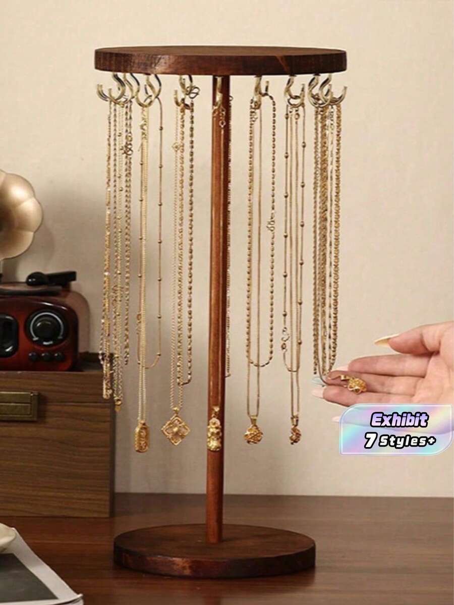 A Round, Simple Wooden Imitation Walnut Color Decorative Storage And Display Stand For Jewelry, Including Necklaces, Pendants, Bracelets And Hand Chains. It Is A Display Item For Jewelry Storage And Display In A Showcase, Suitable As A Valentine's Day Gift For Girls. - Imitation Walnut Color - View 1