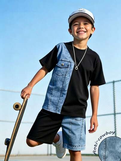 Young Boys' Patchwork Short Sleeve Set, Summer New Stylish Cool Kids 2-Piece Outfit, Asymmetric Color Block Design, Soft Fabric, Toddler Street Style Casual Sports Suit, Versatile Outdoor Wear, Faux Denim Print 2-Piece Set, Suitable For Spring, Summer, Autumn, Winter