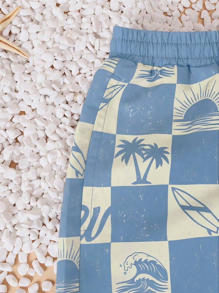 Beach Surf Inspired Checkerboard Swim Shorts With Palm Tree Wave Print For Summer Vacation Pool Swimming