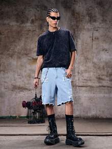 Skyrend Men's Loose Fit Light Blue Ripped Frayed Raw Hem Denim Shorts Y2K Streetwear Jorts - Light Wash - View 4