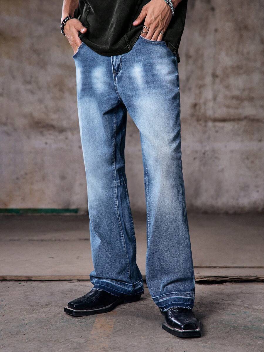 Skyrend Jeans ajustados y elásticos con parches desgastados para hombres, estilo callejero de moda, adecuados para todas las temporadas - Azul - Ver 1