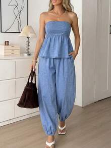 Easowa Bộ đồ hai mảnh denim dành cho nữ mùa hè, trang phục lễ hội, đi làm, nghỉ mát, tốt nghiệp, phong cách Y2K, dễ thương, thời trang đường phố, quyến rũ, dự tiệc, đám cưới, thanh lịch, công sở, thường ngày, nữ doanh nhân, đi biển, tốt nghiệp, thường ngày, mùa hè. Áo ống jean nữ với viền bèo nhún và ống quần harem bo chun. - Màu xanh lam - Xem 6