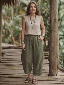 EMERY ROSE Women's Vintage Casual Vacation Cotton Linen Feeling Elastic Waist Loose Lantern Leg Relaxed Linen Cropped Pants For Summer - Army Green - View 6