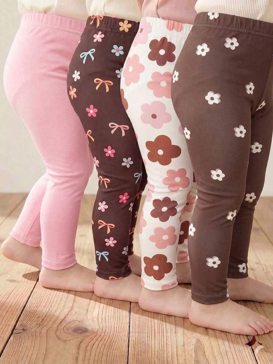 4pcs Baby Girls Light Pink Dark Brown White Floral Autumn Casual Cute Nursery Back-To-School Leggings Set Retro Striped Bow Print Cotton Brunch - Multicolor - View 1